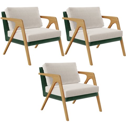 Kit 03 Poltronas Decorativas Sala Estar Pietra L02 Facto Verde Musgo Linho Cru - Lyam Decor