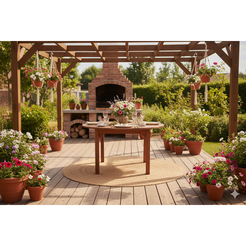 Mesa Redonda em Madeira Maciça com Furo para Ombrelone Área Gourmet Churrasco Piscina Pink Sands