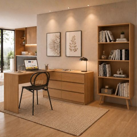 Kit Escrivaninha L 6 Gavetas com Estante Multiuso Essence Office Multimóveis MP6096 Madeirado