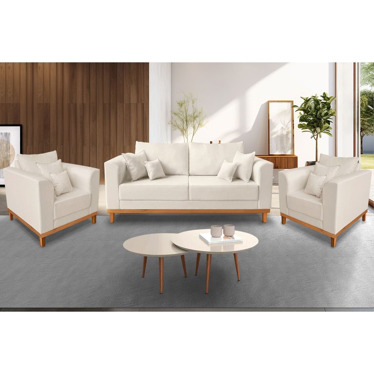 Kit Sofá 3 Lugares e 2 Poltronas Beny - Linho Cru Kit Sofá 3 Lugares e 2 Poltronas Beny - Linho Cru