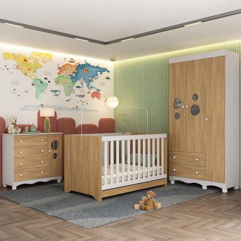 Quarto de Bebê Completo com Berço Americano 3 em 1 Suspiro Multimóveis Mp4624 Branco/madeirado