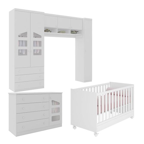 Quarto de Bebê Completo Guarda Roupa Cômoda Infantil Eloisa com Berço 1344 Branco Qmovi Phoenix