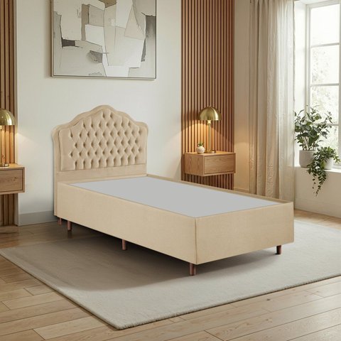 Kit Cama Box Solteiro + Cabeceira Estofada em Madeira Maciça Curva Provençal com Capitonê Bege/Veludo