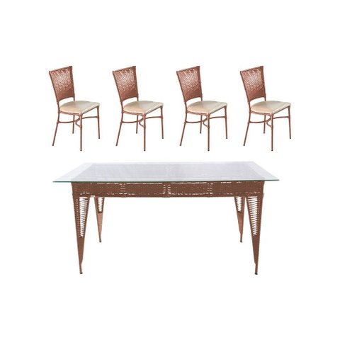 Jogo de Jantar Mesa Retangular 1,70x1,00 e 4 Cadeiras em Aço e Junco Capuccino Terena Assento Bege