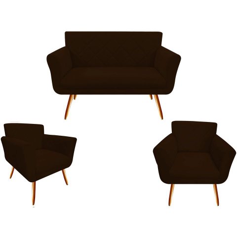 Kit Namoradeira + 2 Poltronas Decorativa Sabrina Suede Marrom Pés Madeira Ms Decor