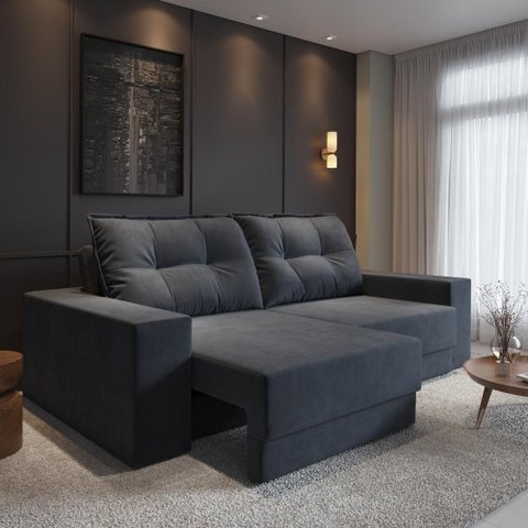 Sofá Luca 3 Lugares Retrátil com Chaise 202cm Grafite Suede Cia Lar