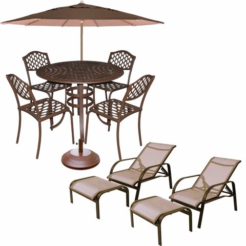 Conjunto de Jardim 4 Cadeiras Aluminio Fundido Ombrelone e 2 Mini Espreguiçadeira Piscina