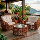 Ver imagem 1 de Jogo 2 Poltronas e Mesa de Centro Tampo de Vidro Aço e Corda Náutica Terracota Aruá Courino Branco