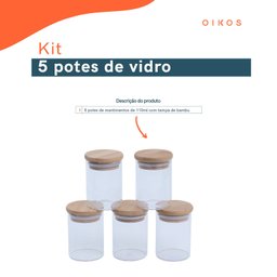 Kit 5 potes de vidro herméticos com tampa de bambu 110ml - Oikos - 4