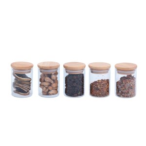 Kit 5 potes de vidro herméticos com tampa de bambu 110ml - Oikos
