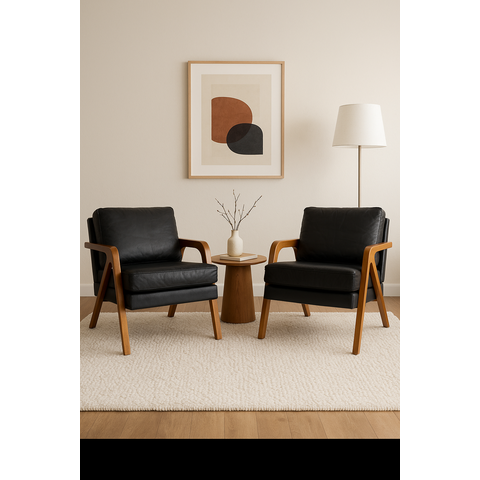 Kit 2 Poltronas Mona Luxo Madeira Maciça Corino Preto para Sala de Estar Decorativa Moderna