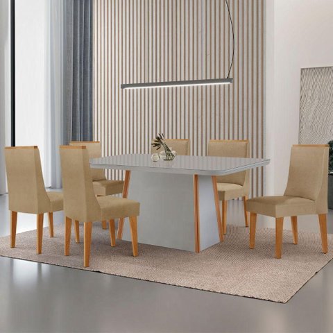 Mesa de Jantar Diane 180cm Tampo MDF Vidro 6 Cadeiras Lisboa Moderna Turim 07 Naturale Serigrafia