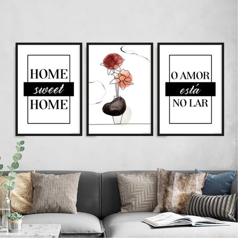 Kit 3 Quadros Home Sweet Home- Flor 24x18cm:Madeira branca