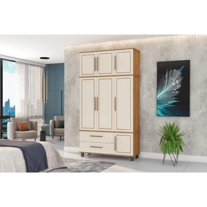 Roupeiro / Guarda Roupas Hou Triplex 3 Portas + 2 Gavetas com Cabideiros em Alumínio Cor Nature/ Off