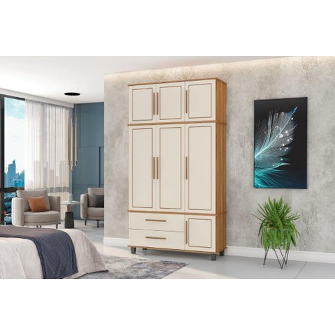 Roupeiro / Guarda Roupas Hou Triplex 3 Portas + 2 Gavetas com Cabideiros em Alumínio Cor Nature/ Off