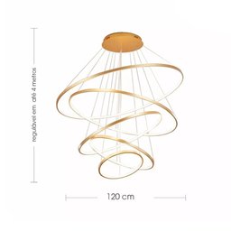 Pendente LED 5 Anéis Dourado 240W Iluminação Pé Direito Duplo - 10