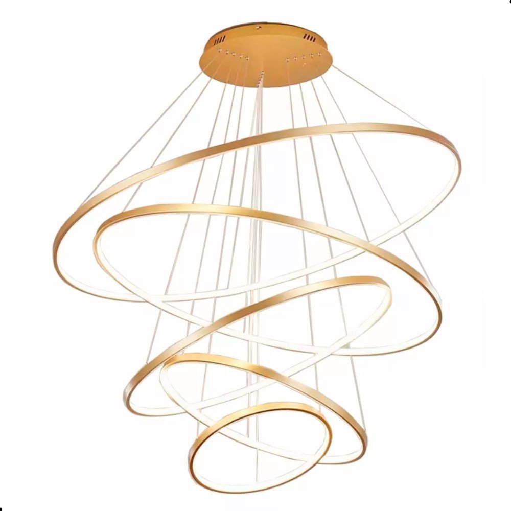 Pendente LED 5 Anéis Dourado 240W Iluminação Pé Direito Duplo