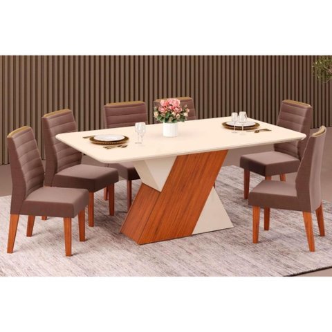 Conjunto: Mesa Sala Jantar Rubi C/ Tampo Madeirado C/ Vidro 170x90cm e 6 Cadeiras Ondina Freijo/off