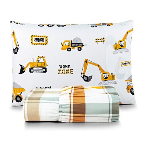 Jogo de Cama Lençol Lutti Solteiro Infantil 200 Fios Estampado 2 Peças Trator Caminhão Branco - 100%