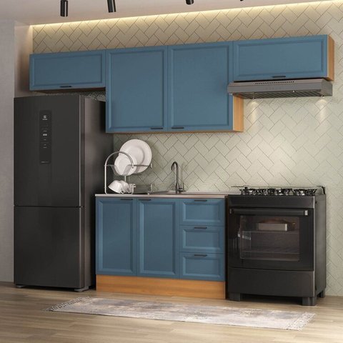 Cozinha Compacta 4 Peças 3 Aéreos 1 Balcão Soho CabeCasa MadeiraOriginals Azul/Freijó