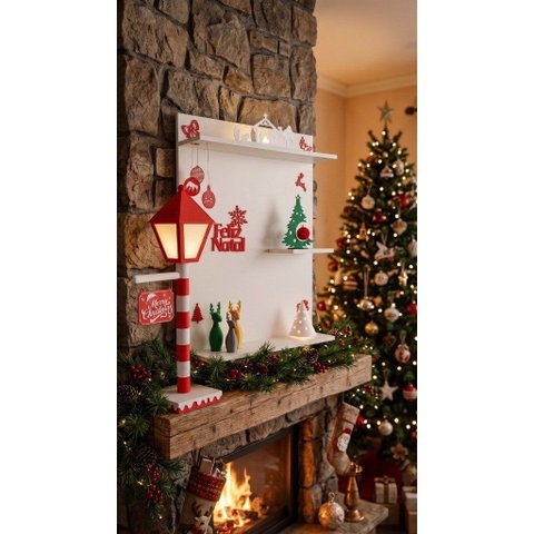 Kit Decoração Natal Completo Prateleira 90x60 + Luminária Poste LED Pilha +15 Peças