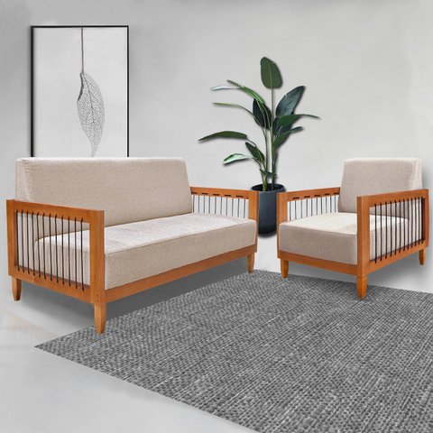 Conjunto Poltrona e Namoradeira Sala de Estar Pés Madeira Maciça Corda Náutica Preta 160cm Manila Li