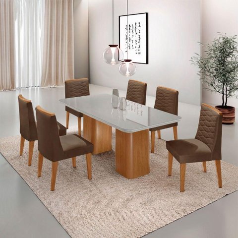 Mesa de Jantar Eloise Tampo Mdf Vidro com 6 Cadeiras Moderna Veludo Marrom/off White/naturale