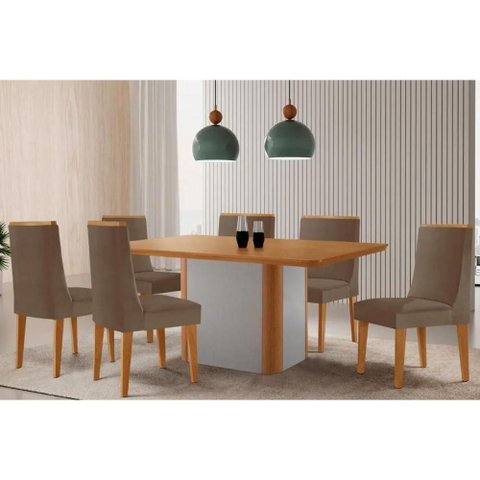 Sala Jantar Mesa Pietá Tampo Curvo 180cm+6 Cadeiras Dakota Madeira Naturale/off White - Capuccino/