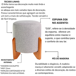 Kit 02 Puff Piave Decorativo Tecido Linho Banqueta Redondo Pés de Madeira Maciça - 5