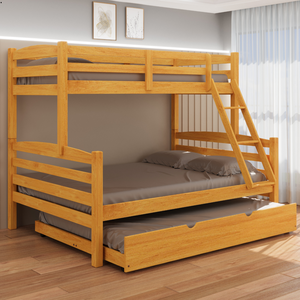 Treliche Casal com Cama Auxiliar de Casal Cor Mel Madeira Maciça com Grade de Proteção e Escada