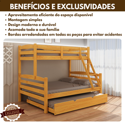 Treliche Casal com Cama Auxiliar de Casal Cor Mel Madeira Maciça com Grade de Proteção e Escada - 3