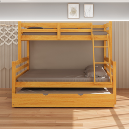 Treliche Casal com Cama Auxiliar de Casal Cor Mel Madeira Maciça com Grade de Proteção e Escada - 2