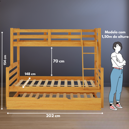 Treliche Casal com Cama Auxiliar de Casal Cor Mel Madeira Maciça com Grade de Proteção e Escada - 6