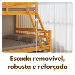 Treliche Casal com Cama Auxiliar de Casal Cor Mel Madeira Maciça com Grade de Proteção e Escada - 4