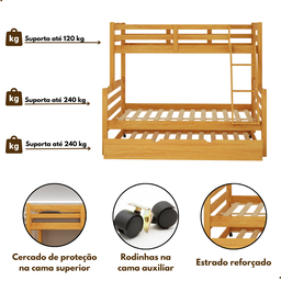 Treliche Casal com Cama Auxiliar de Casal Cor Mel Madeira Maciça com Grade de Proteção e Escada - 7