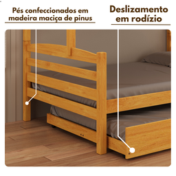Treliche Casal com Cama Auxiliar de Casal Cor Mel Madeira Maciça com Grade de Proteção e Escada - 5
