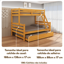 Ver mais imagens de Treliche Casal com Cama Auxiliar de Casal Cor Mel Madeira Maciça com Grade de Proteção e Escada