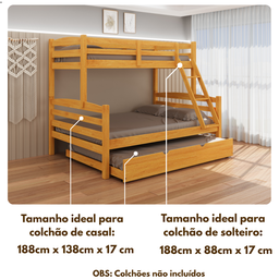 Treliche Casal com Cama Auxiliar de Casal Cor Mel Madeira Maciça com Grade de Proteção e Escada - 8