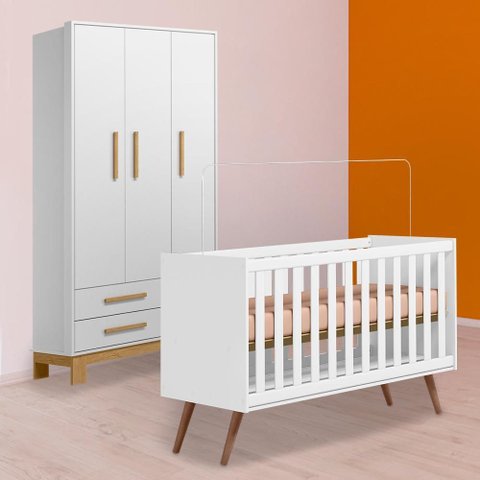 Conjunto Berço Mini Cama Retrô e Guarda Roupa Slim Branco