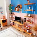 Ver imagem 3 de Sala de TV Industrial Completo Pequeno e Duas Estantes Torre Slim Carvalho e Branco