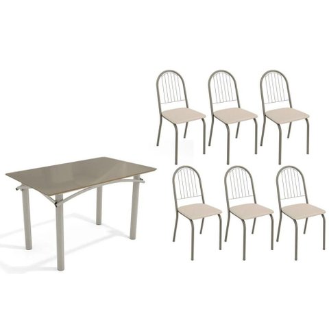Conjunto: Mesa de Cozinha Elba Tampo Madeirado C/ Vidro 120cm e 6 Cadeiras Noruega Niquel/freijo