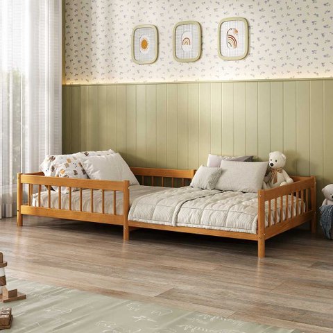 Cama Montessori Reforçada Infantil 90x190cm Madeira com Estrado Cor Mel Dudy Idimex