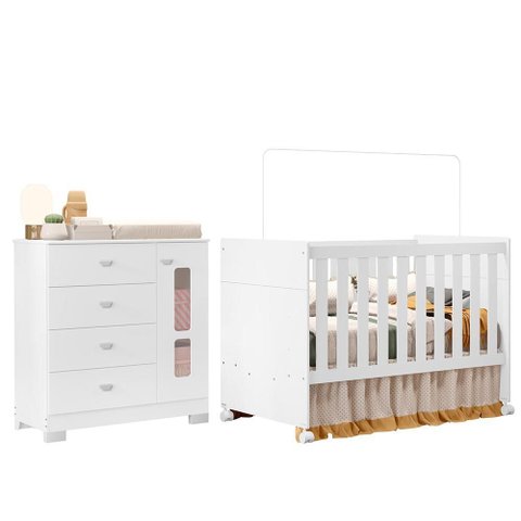 Jogo de Quarto Infantil New Katatau Cômoda e Berço Mini Cama Branco Brilho - Reller Móveis