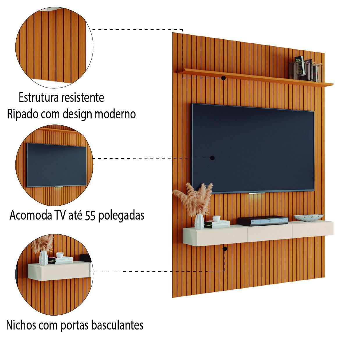 Painel para Tv até 55 Polegadas 1,35x2,40m Ripado com Nicho Arbo Cedro/off White Edn - 4