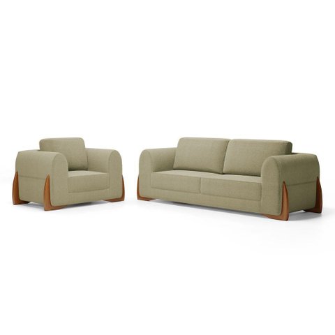 Kit Poltrona e Sofá Bloom 220cm 03 Lugares com Pés de Madeira Bouclê Bege - Desk Design