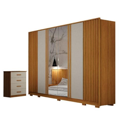 Guarda Roupa Casal Evo 6 Portas Com Espelho Cinamomo e Off-White com Cômoda Rubi 4 Gavetas Cinamomo 