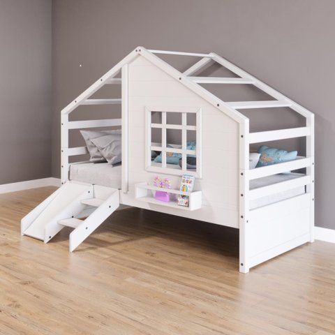 Cama Casinha com Janela com Escada/escorregador Madeira Maciça Branco Housin