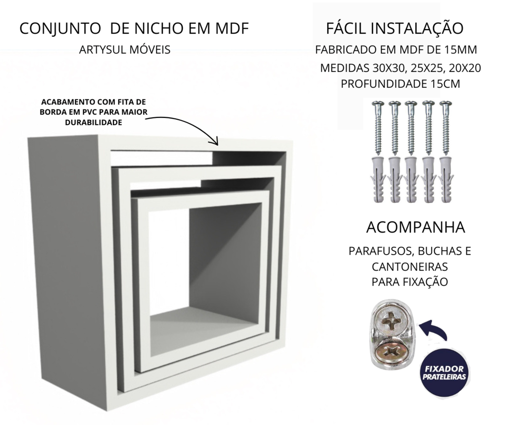 Kit de 3 Nichos Decorativos na Cor Branco - 3