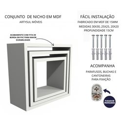 Kit de 3 Nichos Decorativos na Cor Branco - 3