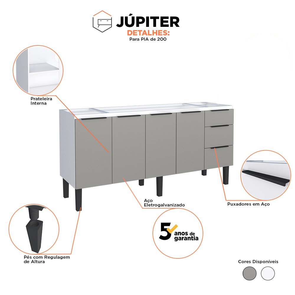 Gabinete Cozinha em Aço Júpiter 200 3 Gavetas Cinza/branco - Cozimax